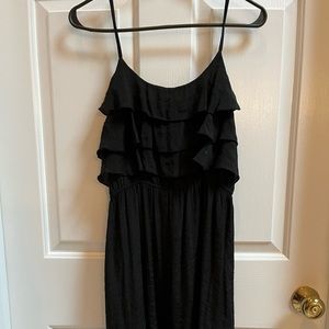 Ya Los Angeles black crepe ruffle layer strap dress with unique two-length hem.